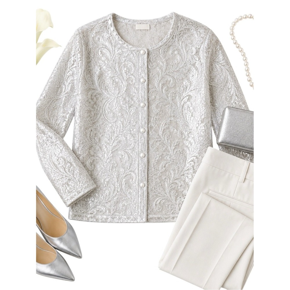 Princess Cruises Silver White Metallic Vintage Embroidered Cardigan Women's XL